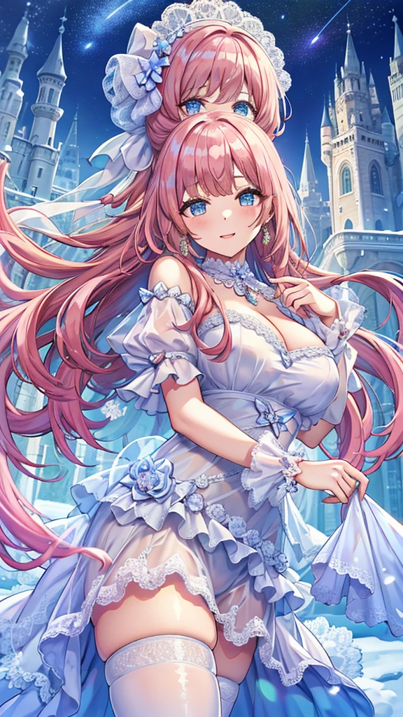 Masterpiece、Highest quality、Super detailed、1 girl、Light pink hair、Fluffy and soft long hair、Starry Skyのような瞳、Big Tits、Cleavage、The underboob is visible、Lace Underwear、Castle、snow、Starry Sky、Shimmering dresses、smile、Earrings、choker、Lace cape、Light blue fluffy dress、Composition seen from below