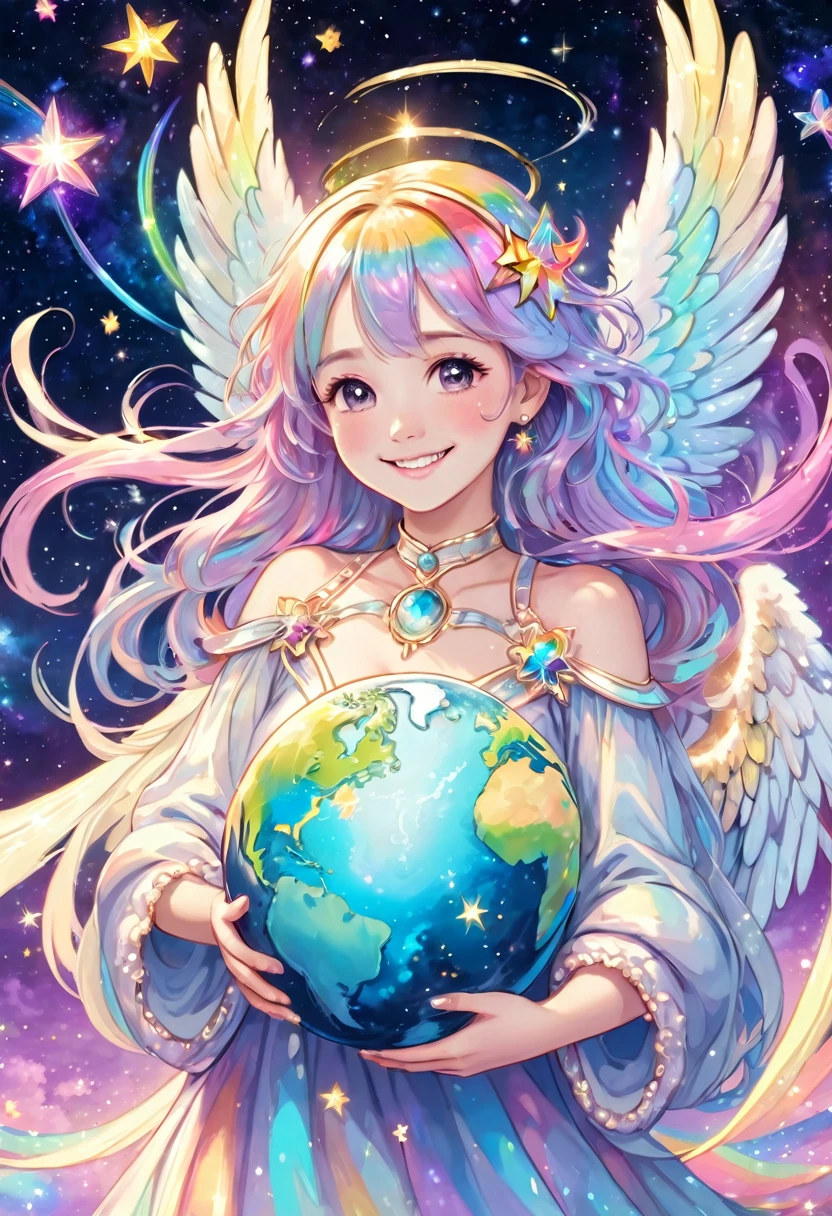 Beautiful angel smiling happily holding the earth, outer space, pastel rainbow colored wings, shooting stars, fine pearl light