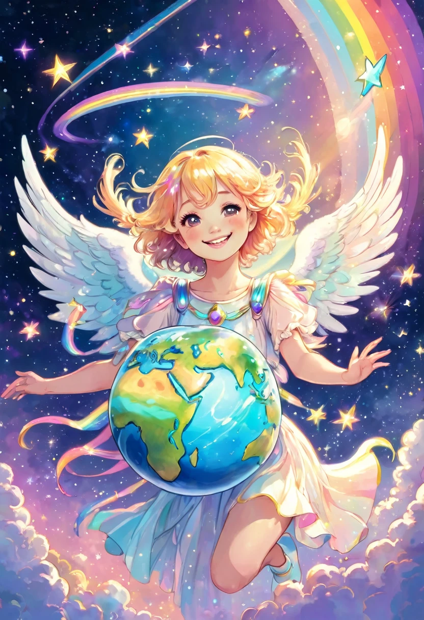 Beautiful angel smiling happily holding the earth, outer space, pastel rainbow colored wings, shooting stars, fine pearl light