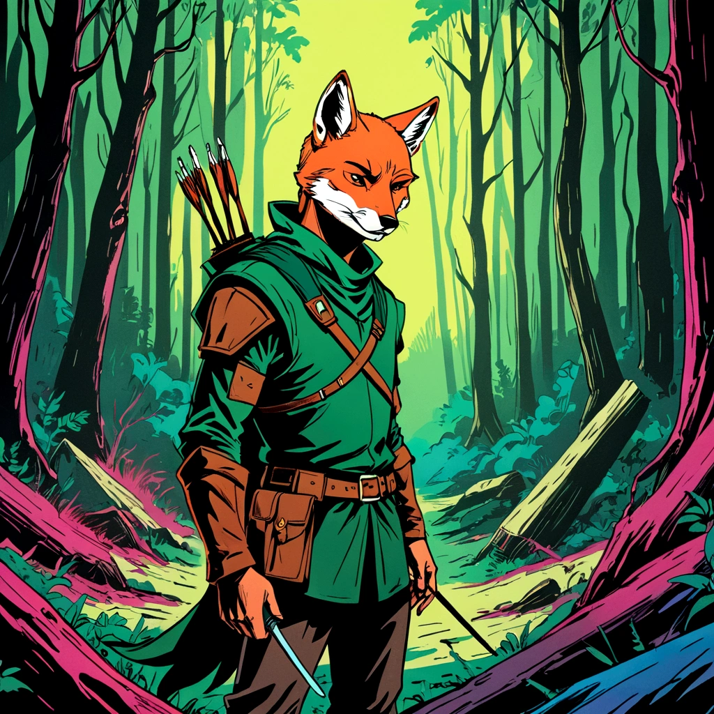 fox robin hood, Archer, animated, hand drawn, rotoscope, cinematic, expressive,  ink style figure, apocalyptic russian dense forest, VHS, glitch, distorted, nostalgia, 90's retro vibes, analog tape, vcr aesthetics, tv, television, hand drawn, (full roygbiv color) ink charcoal expressive illustration, no light source, darkness, light mask uv rays across face, splash page