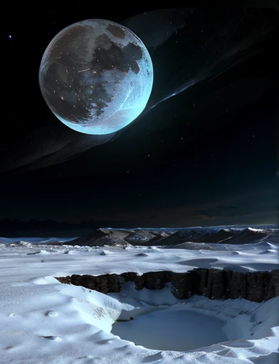  gigantic snowy icy white moon Europa on the surface . In the background immense galaxy and nebulae.