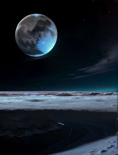  gigantic snowy icy white moon Europa on the surface . In the background immense galaxy and nebulae.