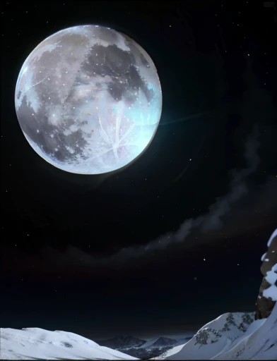 gigantic snowy icy white moon Europa on the surface . In the background immense galaxy and nebulae.