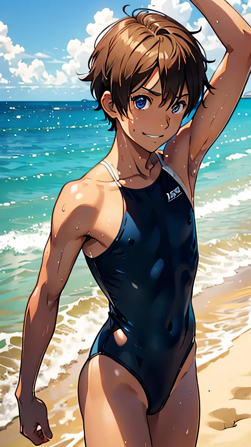 highest quality、Realistic、zoom、Chestnut Hair、Light blue eyes、Very Short Hair、One piece swimsuit、Tanned black body、Tan、Brown Skin、slender、boyish、Sweat、smile、Ocean、