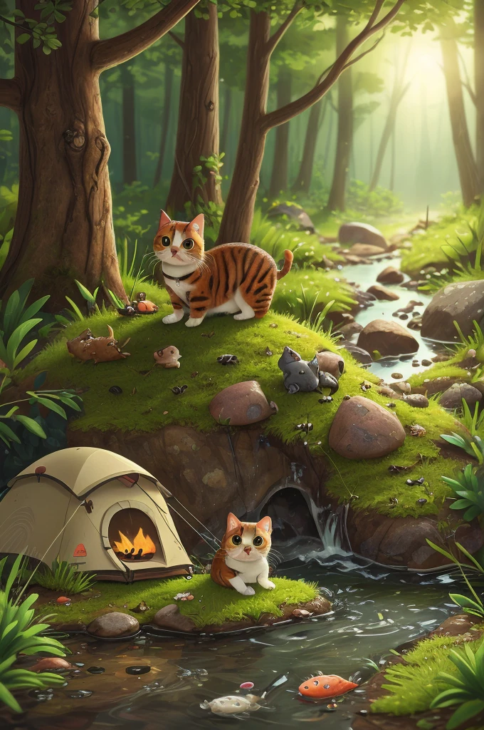 A cat camping, fish, Small streams，4k HD，Ultra-clear，tasty，expression