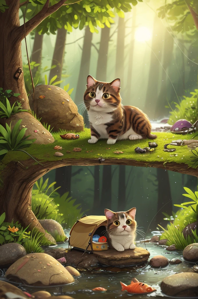 A cat camping, fish, Small streams,4k HD,Ultra-clear,tasty,expression
