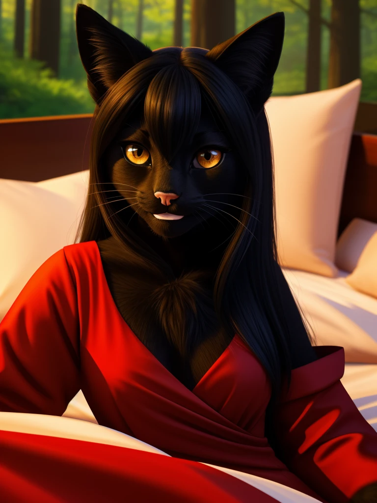 Posing, Female, 30 years old, cute, eyeliner, long hair, biting lip smile, red dress, bedroom eyes, anthro, cat ears, (black fur:1.5),cat, forest background, 8k, hi res, (best quality, masterpiece), amber eyes, lying in bed, cat tail