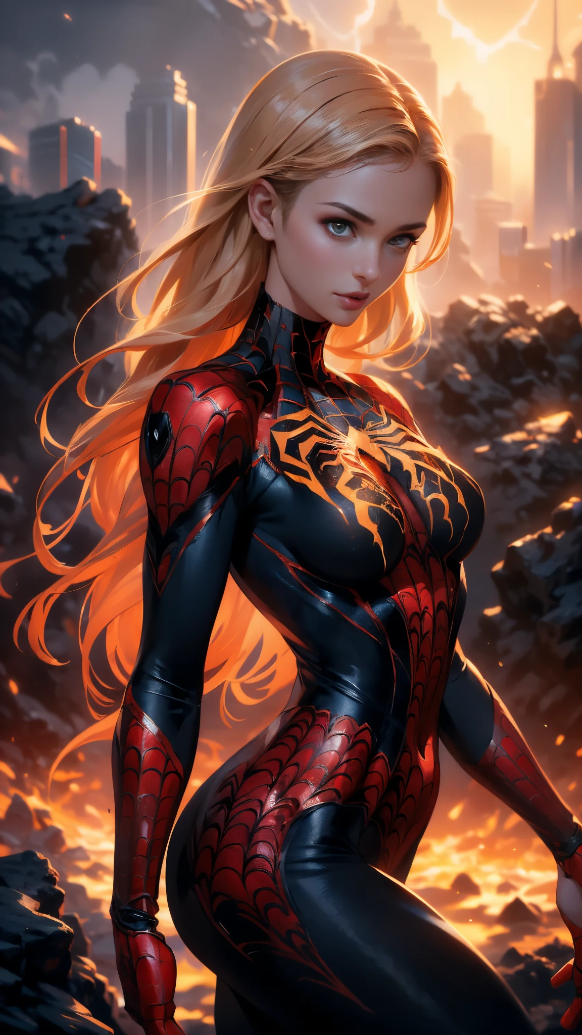 (1girl:1.3), Solo, (((Very detailed face)))), ((Very detailed eyes and face)))), Beautiful detail eyes, Body parts__, Official art, Unified 8k wallpaper, Super detailed, beautiful and beautiful, beautiful,(BodySuit látex Spiderman black :1.4), masterpiece, best quality, original, masterpiece, super fine photo, best quality, super high resolution, realistic realism, sunlight, full body portrait, amazing beauty, dynamic pose, delicate face, vibrant eyes, (from the front),( She wears Spider-Man suit:1.4) , (red and black color scheme:1.4) , spider, very detailed city roof background, rooftop, overlooking the city, detailed face, detailed complex busy background, messy, gorgeous, milky white, highly detailed skin, realistic skin details, visible pores, clear focus, volumetric fog, 8k uhd, DSLR, high quality, film grain, fair skin, photo realism, lomography, futuristic dystopian megalopolis, translucent, Epic Fantasy Art Style HD, 4K fantasy art, epic fantasy digital art style, epic fantasy art style, Fantasy Woman, epic fantasy art portrait, Epic fantasy style, hyperrealistic fantasy art, hd fantasy art, Epic fantasy character art, epic fantasy art, in style of dark fantasy art, epic fantasy digital art, (pose dinámica vaquero), (anatomía perfecta :1.4), (iluminación cinematográfica :1.4), (colores brillantes) 