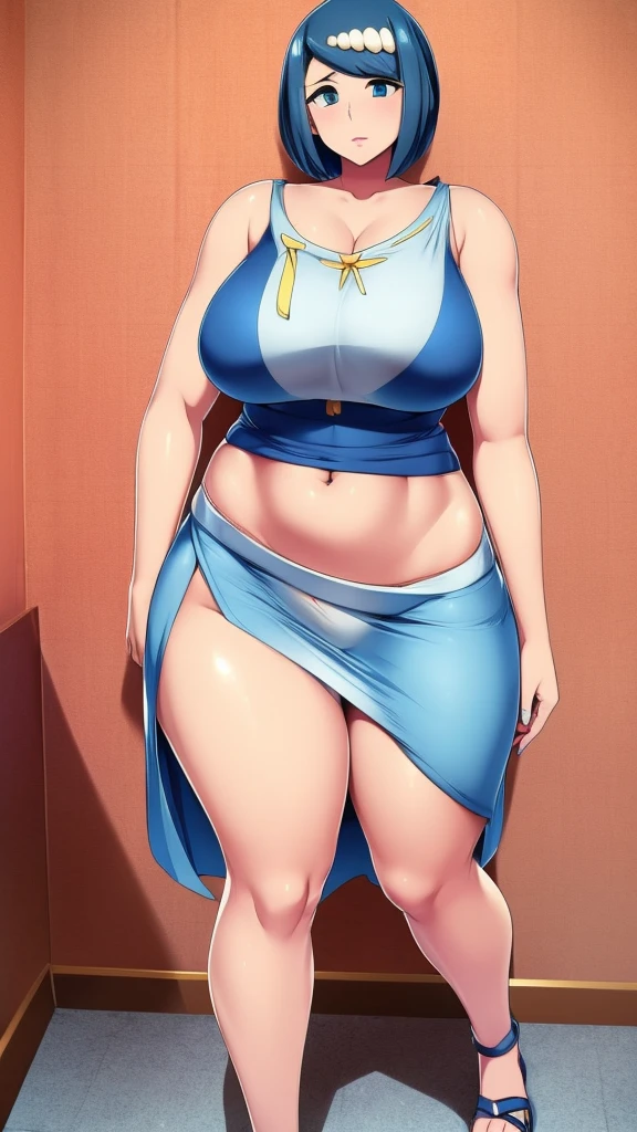 A sexy girl, beautiful beauty, light blue hair, her big round blue eye, light pink lip, she wears a white sleeveless shirt, shows her navel, and a long blue skirt with a long heel, black hair, wearing a pussy. 