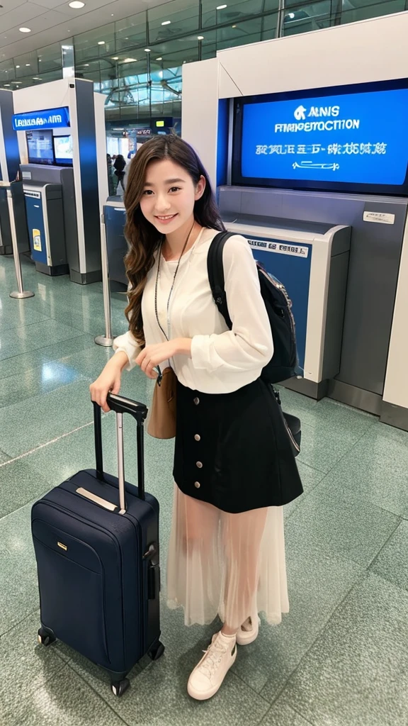 Emily, using a charging station at the airport, her suitcase with a "Fragile" tag placed neatly next to her. Her expression is one of convenience and appreciation. Her natural waves and friendly demeanor highlight her positive experience.