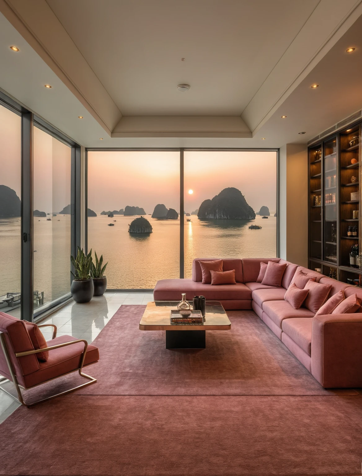 Raw photo,Masterpiece, high quality, best quality, authentic, super detail, interior, livingroom style modern luxury , sunset, evening light, sofa, tea table, carpet, flower vase on tea table, wine bottle, tray, armchair, wine cabinet, books, glass cabinet doors, snake plant pot, downlight, windows overlooking the sunset halong bay, (((black and pink tones)))