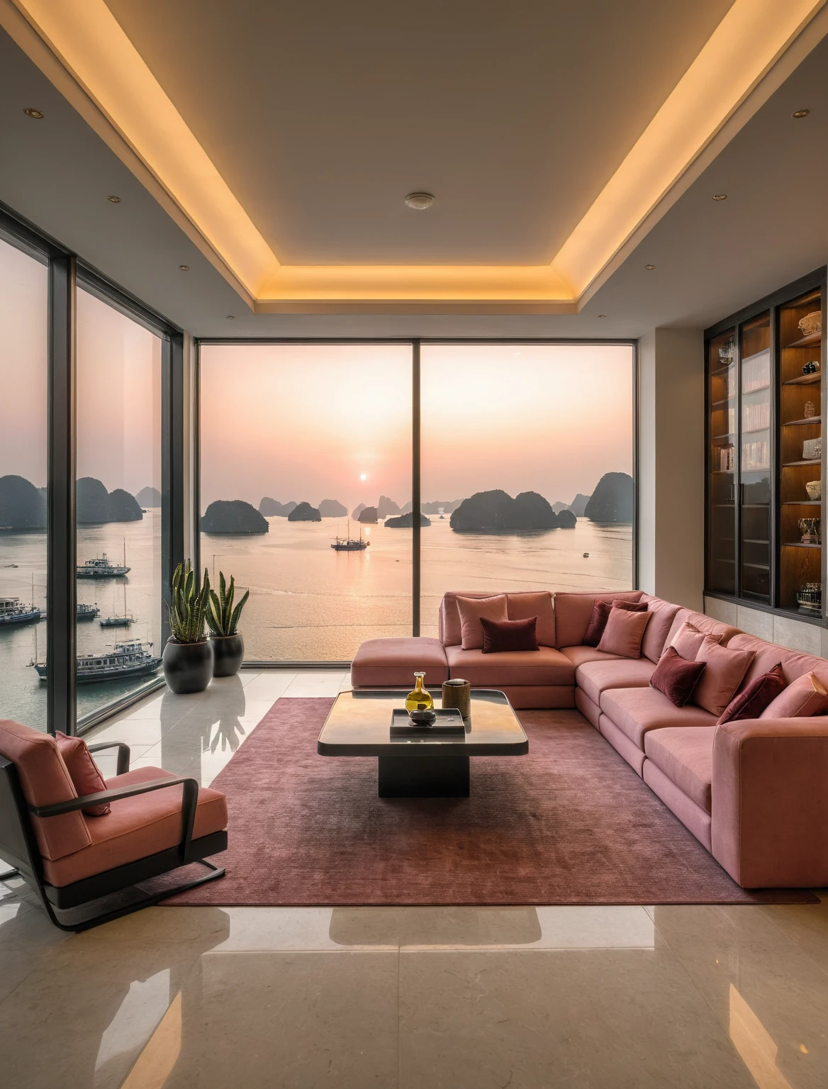 Raw photo,Masterpiece, high quality, best quality, authentic, super detail, interior, livingroom style modern luxury , sunset, evening light, sofa, tea table, carpet, flower vase on tea table, wine bottle, tray, armchair, wine cabinet, books, glass cabinet doors, snake plant pot, downlight, windows overlooking the sunset halong bay, (((black and pink tones)))