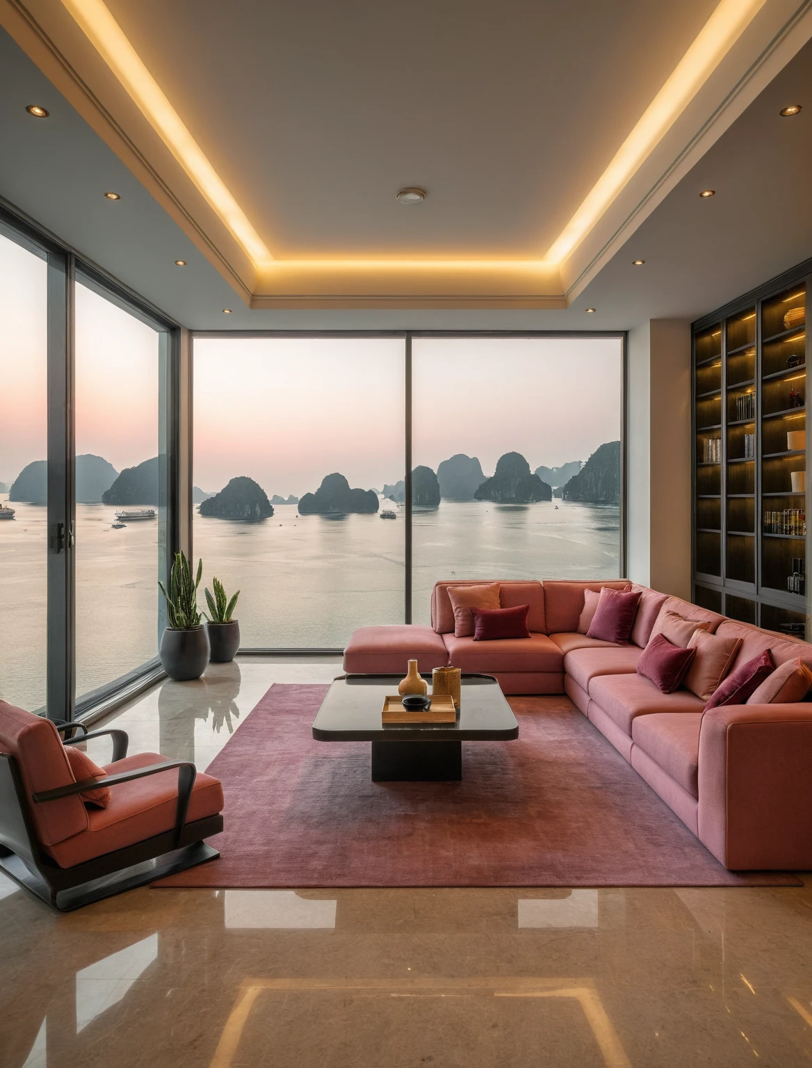 Raw photo,Masterpiece, high quality, best quality, authentic, super detail, interior, livingroom style modern luxury , sunset, evening light, sofa, tea table, carpet, flower vase on tea table, wine bottle, tray, armchair, wine cabinet, books, glass cabinet doors, snake plant pot, downlight, windows overlooking the sunset halong bay, (((black and pink tones)))