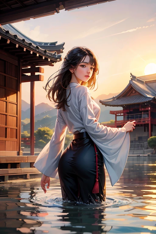 sfw, 1 girl, focus only, ass pov, very wide shot, paisaje, East Asian architecture, lighting sun, rise sun, floating, nube, sky, Raby, water, whole body, plein-air, scenario, Depth of field