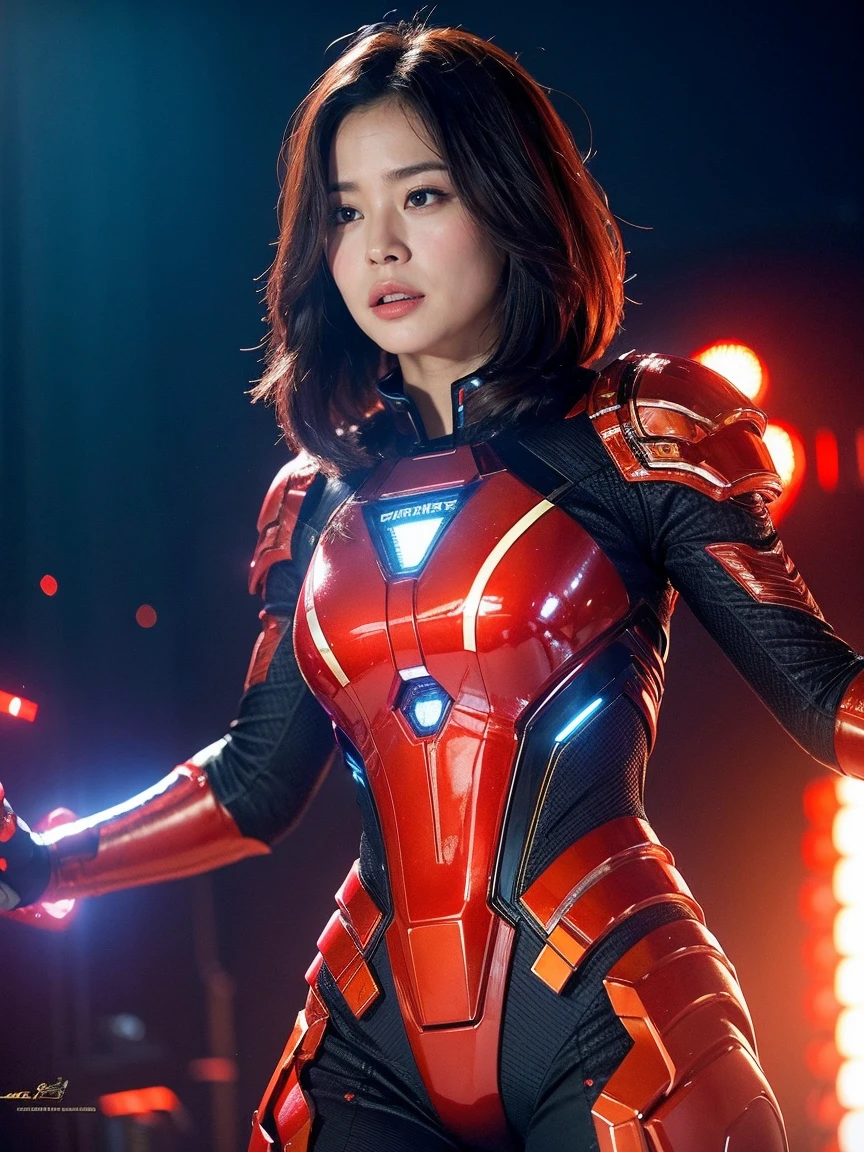 (RAW Photos, Highest quality), (Realistic, Photorealistic:1.3), 1 Girl、Realisticbody、Red and gold battle suit、Pyramid-shaped UFO from outer space、Countless laser beams、Tron、Starship、Mature Woman