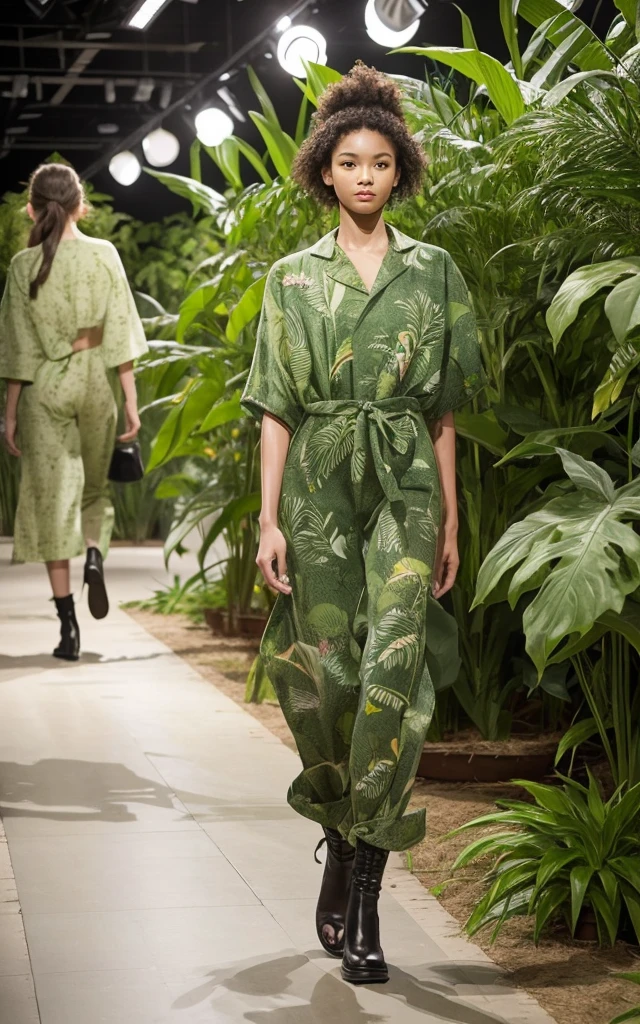 Plantwear: Clothing made with plants incorporated into the fabric。Fabric made from living plants、Materials that perform photosynthesis。A new fusion of nature and fashion。The background is the gorgeous runway of Paris Fashion Week。 
