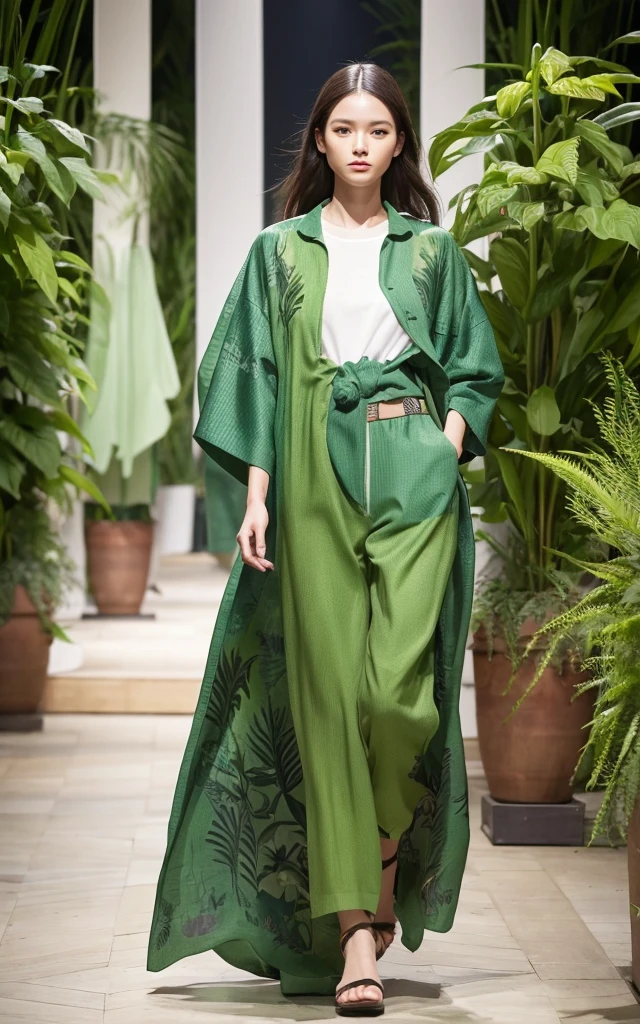 Plantwear: Clothing made with plants incorporated into the fabric。Fabric made from living plants、Materials that perform photosynthesis。A new fusion of nature and fashion。The background is the gorgeous runway of Paris Fashion Week。