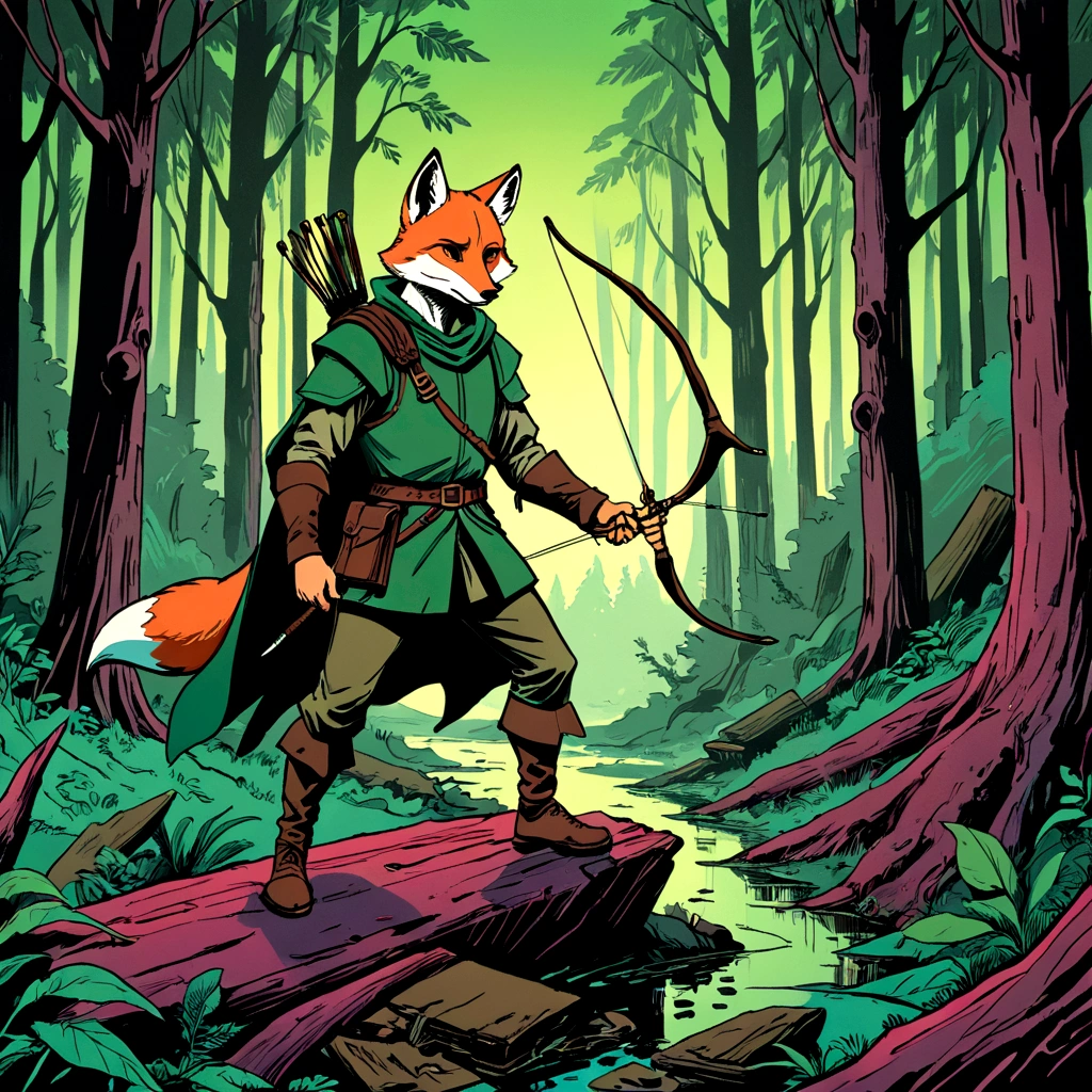 fox robin hood, Archer, animated, hand drawn, rotoscope, cinematic, expressive, ink style figure, apocalyptic russian dense forest, VHS, glitch, distorted, nostalgia, 90's retro vibes, analog tape, vcr aesthetics, tv, television, hand drawn, (full roygbiv color) ink charcoal expressive illustration, no light source, darkness, light mask uv rays across face, splash page