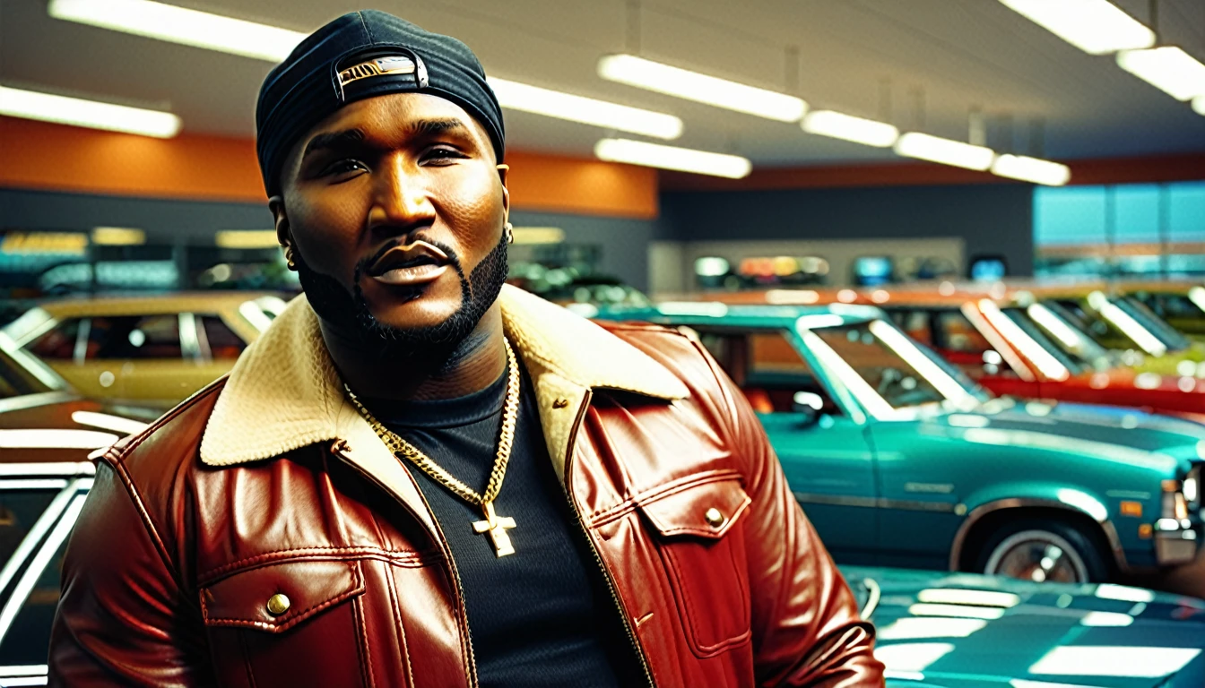 1970s photo of young jeezy at a car dealership, detailed portrait, perfect lighting, dramatic expression, 1970s aesthetic, classic car dealership interior, hyperrealistic, 8k, ultra-detailed, realistic, photorealistic, high quality, studio lighting, sharp focus, physically-based rendering, extreme detail description, professional, vivid colors, bokeh