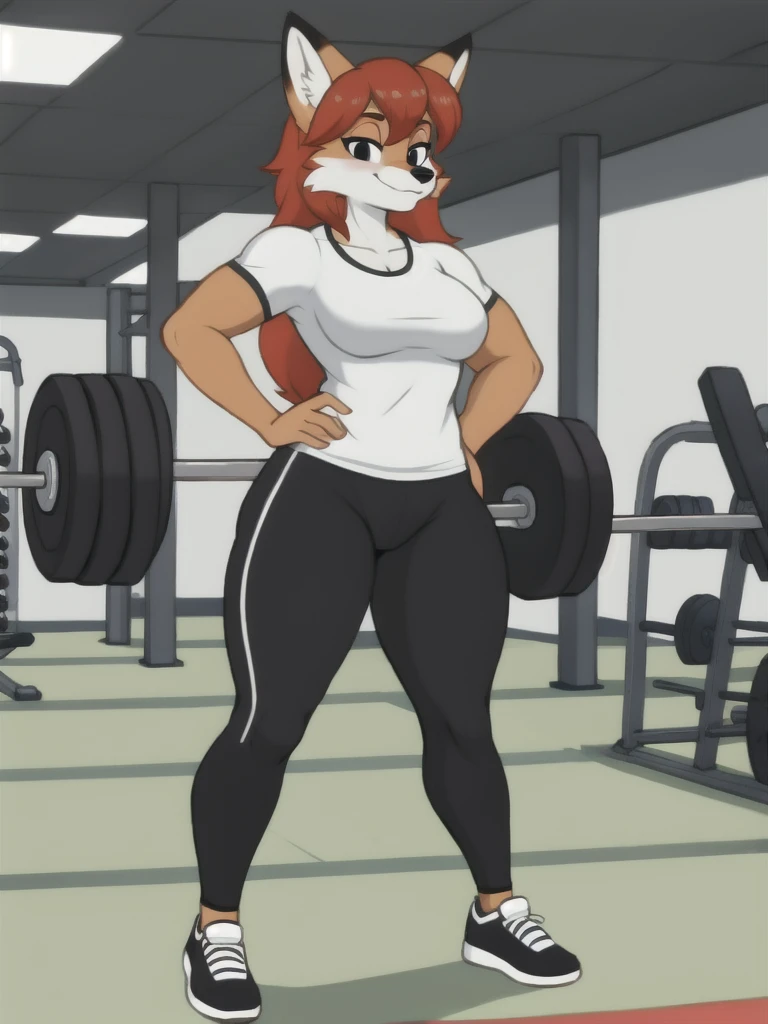 Furry, fox, female, white shirt, black leggings, shoes, gym, teen, standing, full body
