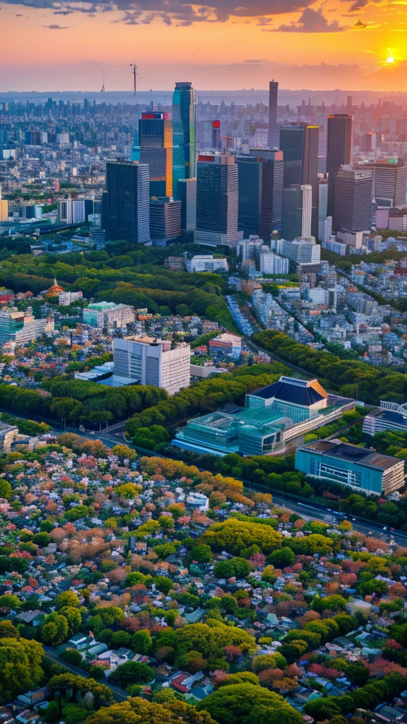 a view of a city with tall buildings and a green park, a picture by Naondo Nakamura, unsplash, sōsaku hanga, tokyo japan, arafed view of a field of flowers with a sunset in the background, floral sunset, warm beautiful scene, beautiful sunrise, flowers sea everywhere, sunset warm spring, beautiful sunset, magnificent background, vibrant sunrise, beautiful sunset glow, breathtaking landscape, stunning sunset, field of flowers, at sunrise in springtime, sunset glow, beautiful sunrise lighting, flower field, sunset sunrise tokyo city, tokyo city in the background, tokio, tokyo, japanese city, tokyo prefecture, new tokyo, aerial view of a city, tokyo in the background, bird's eye view of a city