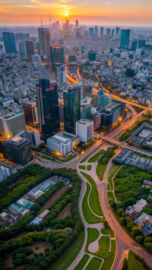 a view of a city with tall buildings and a green park, a picture by Naondo Nakamura, unsplash, sōsaku hanga, tokyo japan, arafed view of a field of flowers with a sunset in the background, floral sunset, warm beautiful scene, beautiful sunrise, flowers sea everywhere, sunset warm spring, beautiful sunset, magnificent background, vibrant sunrise, beautiful sunset glow, breathtaking landscape, stunning sunset, field of flowers, at sunrise in springtime, sunset glow, beautiful sunrise lighting, flower field, sunset sunrise tokyo city, tokyo city in the background, tokio, tokyo, japanese city, tokyo prefecture, new tokyo, aerial view of a city, tokyo in the background, bird's eye view of a city