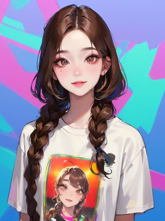 (((One woman)))、(Top resolution、Distinct_image) best qualtiy、(((Pop)))、1990's、((colorful backdrop))、((illuminating))、ighly detailed、Semi-realistic、Brown hair、((makeups)),Braided hairstyle、A smile、bangss、20yr old、young、((tshirts))、delicated facial features、Facial features、View from below