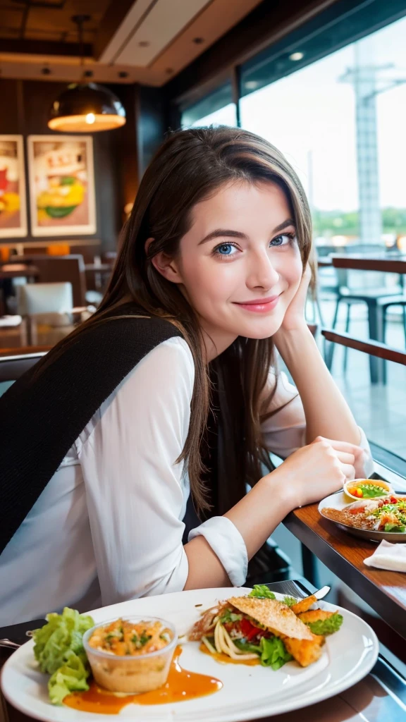 Emily, enjoying a meal at an airport restaurant, her suitcase with a "Fragile" tag safely stored beside her. Her clear blue eyes and warm smile reflect her enjoyment of the food. The modern setting adds to the pleasant atmosphere.