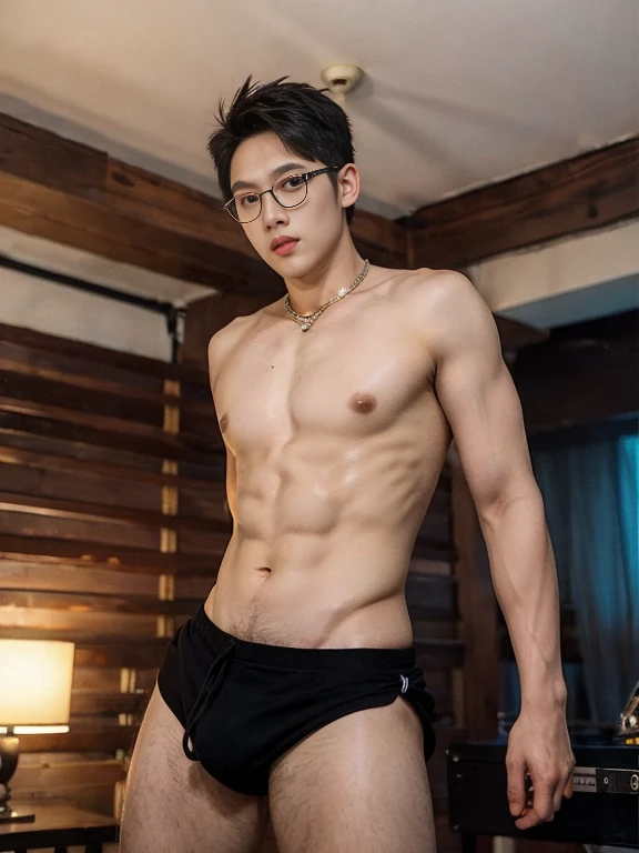 1man, solo, (Andrew thomas huang, neat muscular, oval face, bulge:1.2 ,(eyeglasses), shirtless, black short shorts, singing), 1hand holding microphone, living room, karaoke