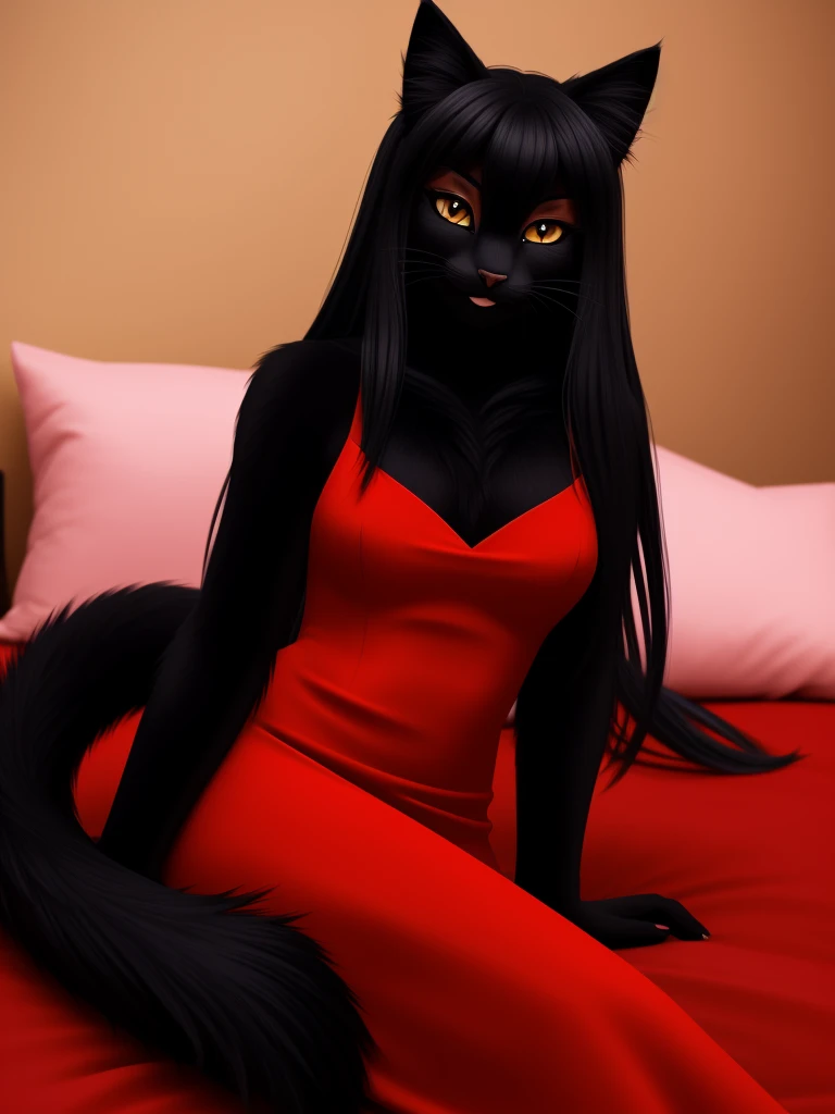 Posing, Female, 30 years old, cute, eyeliner, long hair, biting lip smile, red dress, bedroom eyes, anthro, cat ears, (black fur:1.5),cat, bedroom background, 8k, hi res, (best quality, masterpiece), amber eyes, lying in bed, cat tail