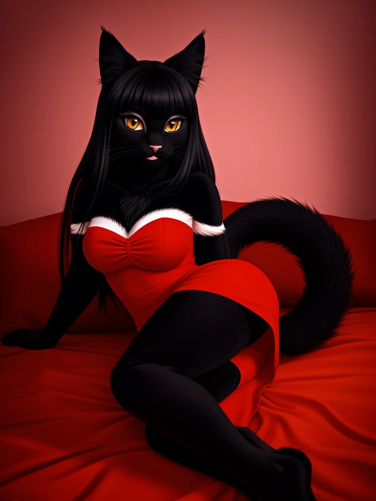 Posing, Female, 30 years old, cute, eyeliner, long hair, biting lip smile, red dress, bedroom eyes, anthro, cat ears, (black fur:1.5),cat, bedroom background, 8k, hi res, (best quality, masterpiece), amber eyes, lying in bed, cat tail