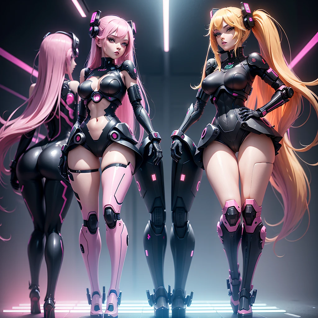 Two sexy Android twin girls posing next to each other back to back with a half turn, they have long pink hair in pink suits with small yellow elements, the women are half cyborg modifications Beautiful sexy with bright yellow eyes stand in full height with a half turn sideways Anime Style black background Cyberpunk style, Robot Girl, black background image of night black city and pink neon lights