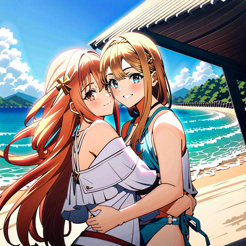 Reisalin (Reialin Stout), Klaudia (Claudia Valentz), in swimsuits, hugging, close friendship, beach setting, (masterpiece: 2), best quality, ultra highres, original, extremely detailed, perfect lighting, (anime style), (vibrant colors), (soft sunlight), (detailed water), (happy expressions), (splashing water), (summer atmosphere), (warm colors), (detailed costumes), (clear blue sky), (gentle waves), (playful mood)