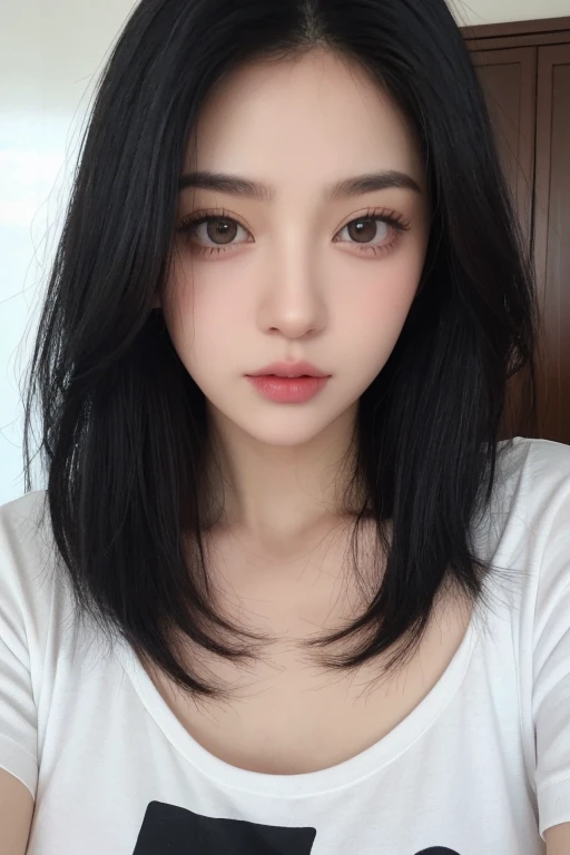 black hair, layer hair, tomboyish hair, white skin, hunter eyes, high nose, heart shaped lips, zoom in the face, loose black t-shirt, in room
, big breasts