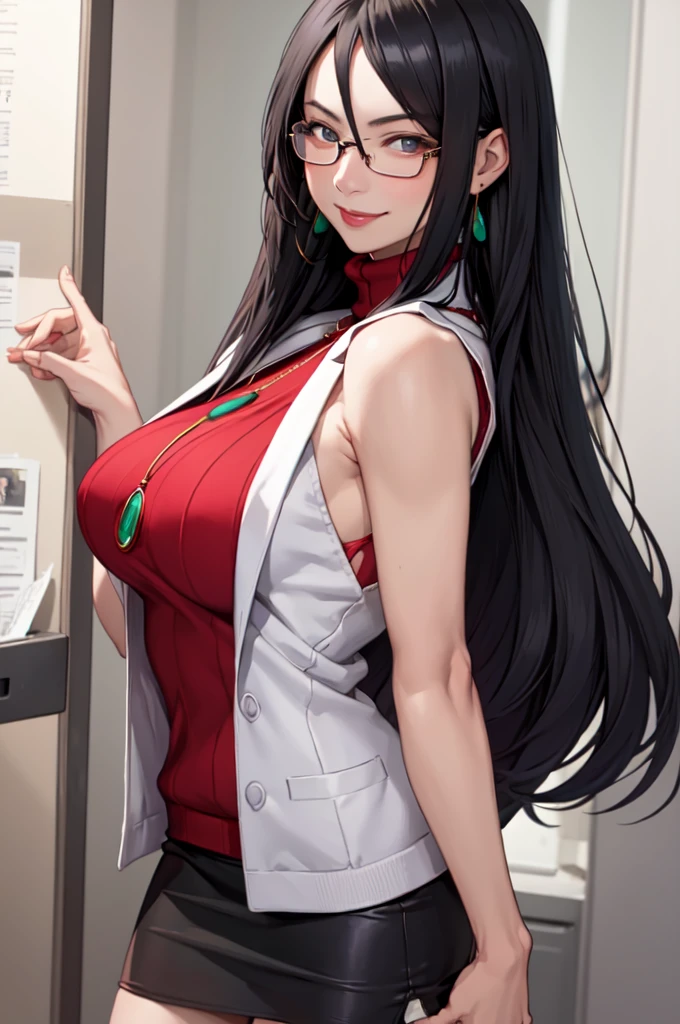 masterpiece, best quality, minazukikyouko, black hair, glasses, necklace, earrings, red sweater, turtleneck, sleeveless, black miniskirt, large breasts, upper body, looking at viewer, doctor's office, smile, mischievous 