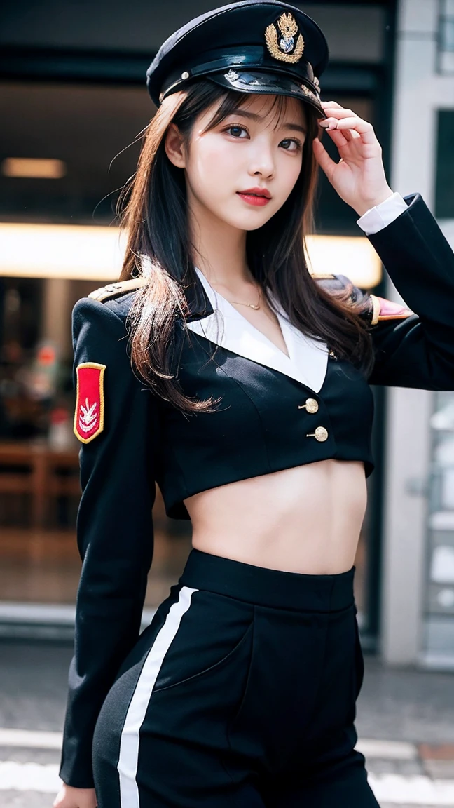 最high quality, masterpiece, 32k、Very detailed、Realistic、1 girl, Japanese women、Black military uniformのコスチューム、High-grade, futuristic, sexy costume, T-bag、Buttocks are attractive、Black military uniform、US Army military uniform hat、Black military uniform、class seal、Wear a black military uniform hat(military officer uniform hat), Cute face, (photo Actual:1.3),Edge lighting, (Skin with attention to detail:1.2), 8K超High resolution, Single-lens reflex camera, high quality, High resolution, 4K, 8K, Optimal ratio of four fingers to one thumb, (Actual:1.3), cute 1 girl, Realistic、Super Realistic、32k、Very detailed、masterpiece, 最high quality, beautiful girl, beauty、Gorgeous girl, Big Breasts, Big Ass, Narrow waist, Leg spread, Plenty of facial detail, City of the Future, Super detailed, High resolution, masterpiece, high quality, High resolution, 