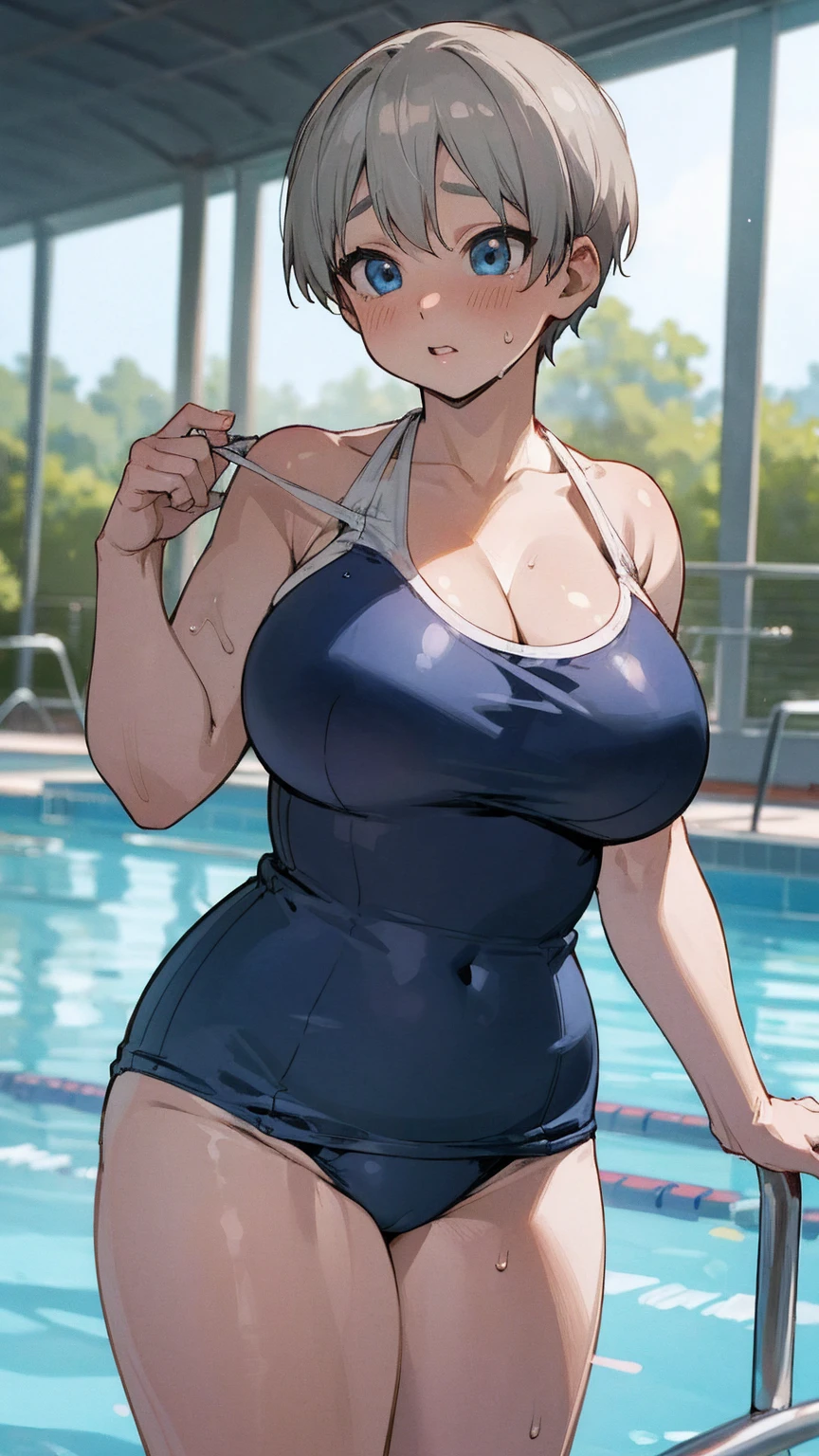 masterpiece, best quality, ultra-detailed, Potrait of beautiful , (chubby) (muscular), (plump), (sexly), (cleavage), ((tomboy)), (アニメ), (Breasts), (Plump), ((very short hair)), ((Uzaki Hana)), (overweight), (Gray Hair), ((Saggy breasts)), (blue eyes), (Short Hair), (blue eyes), ((thick)), (school swimsuits), (fullbody),(School swimsuit), (wetting), (School poolside), (Scorching Sunshine), (Light of the sun)