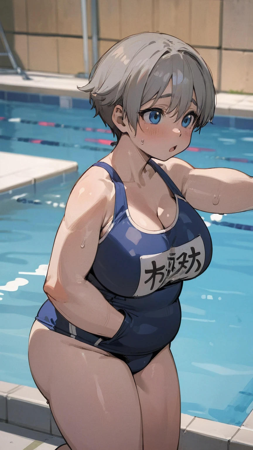 masterpiece, best quality, ultra-detailed, Potrait of beautiful , (chubby) (muscular), (plump), (sexly), (cleavage), ((tomboy)), (アニメ), (Breasts), (Plump), ((very short hair)), ((Uzaki Hana)), (overweight), (Gray Hair), ((Saggy breasts)), (blue eyes), (Short Hair), (blue eyes), ((thick)), (school swimsuits), (fullbody),(School swimsuit), (wetting), (School poolside), (Scorching Sunshine), (Light of the sun)