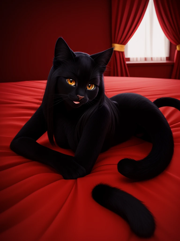 Posing, Female, 30 years old, cute, eyeliner, long hair, biting lip smile, red dress, bedroom eyes, anthro, cat ears, (black fur:1.5),cat, bed background, 8k, hi res, (best quality, masterpiece), amber eyes, lying in bed, cat tail