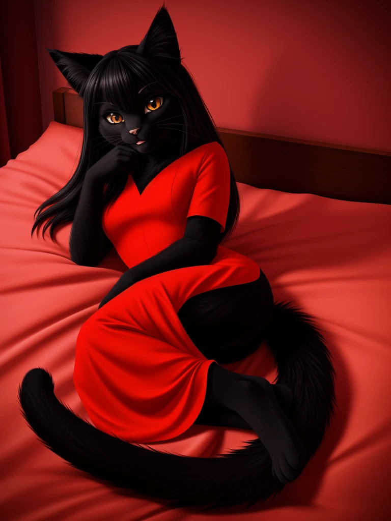 Posing, Female, 30 years old, cute, eyeliner, long hair, biting lip smile, red dress, bedroom eyes, anthro, cat ears, (black fur:1.5),cat, bed background, 8k, hi res, (best quality, masterpiece), amber eyes, lying in bed, cat tail