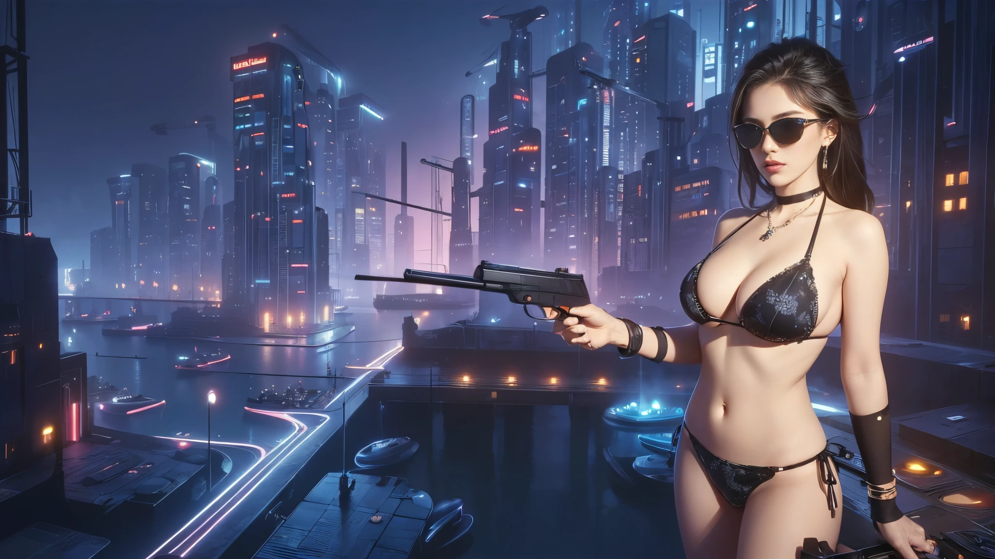 (((a medium-breast bikini slim GIRL with black (micro) sunglasses))), (((((aiming at viewer with a pistol))))), a balcony of a futuristic building, aerial view of an ultra-futuristic megalopolis, metal buildings and houses in dark colors from dark blue to black, shades of metal gray, smoky metal structures, industrial environment with smoke and fog around, dark cars on the streets, desert megalopolis, modern metal rails and trains passing through, tall futuristic metal buildings, ultra modern buildings, (((((futuristic harbour))))), realistic, detailed, sci-fi.
