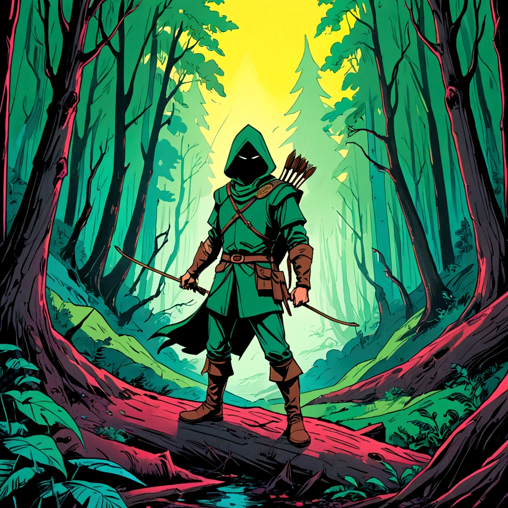 fox robin hood, Archer, animated, hand drawn, rotoscope, cinematic, expressive,  ink style figure, apocalyptic russian dense forest, VHS, glitch, distorted, nostalgia, 90's retro vibes, analog tape, vcr aesthetics, tv, television, hand drawn, (full roygbiv color) ink charcoal expressive illustration, no light source, darkness, light mask uv rays across face, splash page