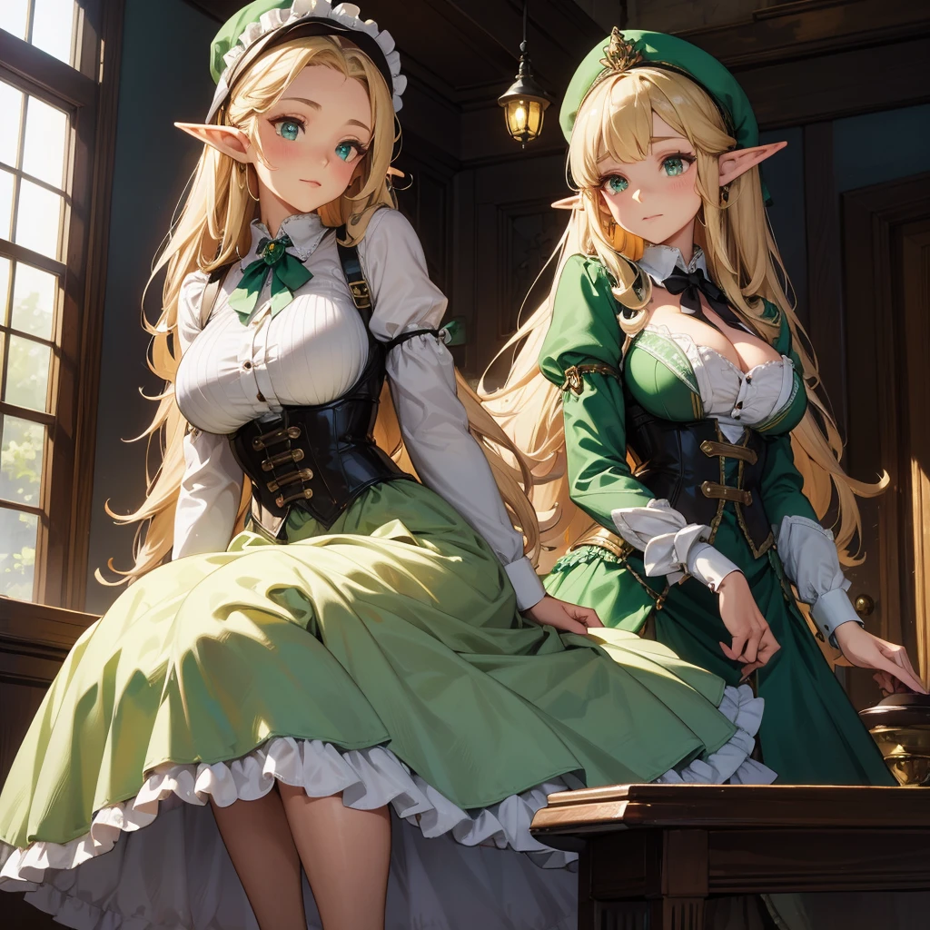 Queen elf woman, wears a maid outfit showing her panties, has long messy shaggy blonde hair, It has red eyes, has a big breast.