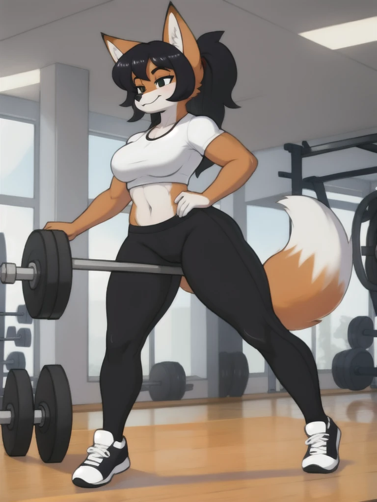 Furry, fox, female, white shirt, black leggings, shoes, gym, teen, standing, full body