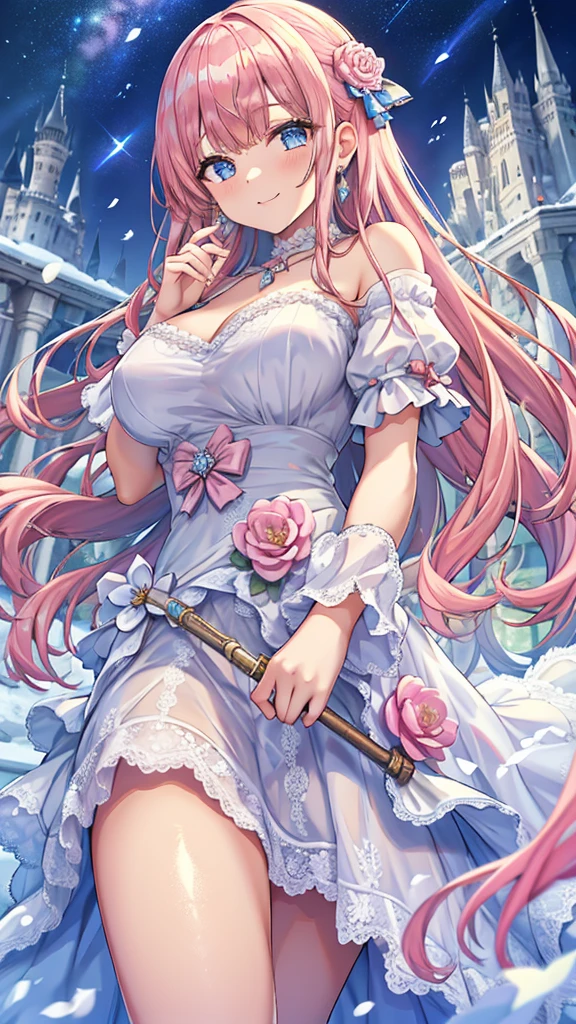 Masterpiece、Highest quality、Super detailed、1 girl、Light pink hair、Fluffy and soft long hair、Starry Skyのような瞳、Big Tits、Cleavage、The underboob is visible、Lace Underwear、Castle、snow、Starry Sky、Shimmering dresses、smile、Earrings、choker、Lace cape、Light blue fluffy dress、Composition seen from below、The underboob is visibleドレス、Belly button
