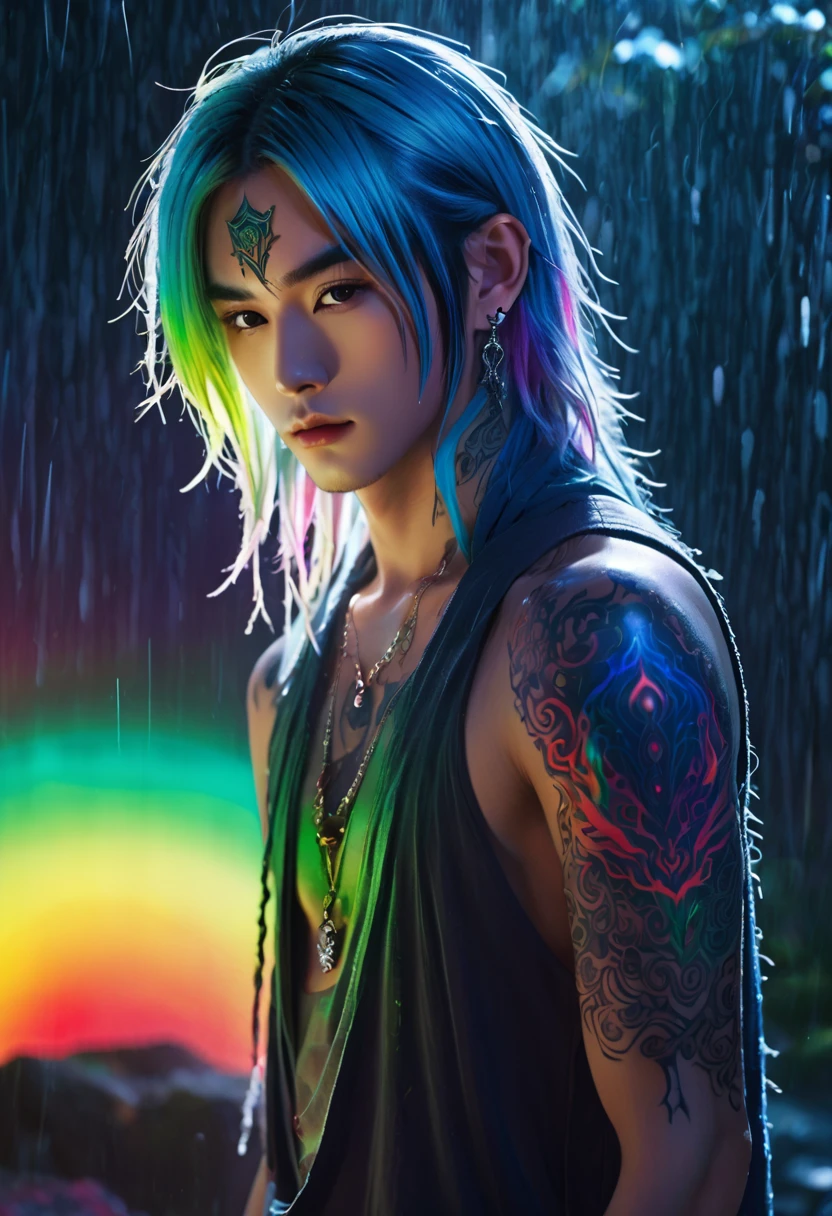 An ethereal sultryseductivedemonic 20 year old anime male druid with metallic long hair and tattoos, intimate glowing neon tattoos, anime druid demon male hellscape at night, manga inspired by Masashi Wakui, rainbow color palette, atmospheric fog, decay, worn textures, rain-soaked fantasy village, manga-style illustration --s 150 --ar 1:2 --c 5 Removed From Image