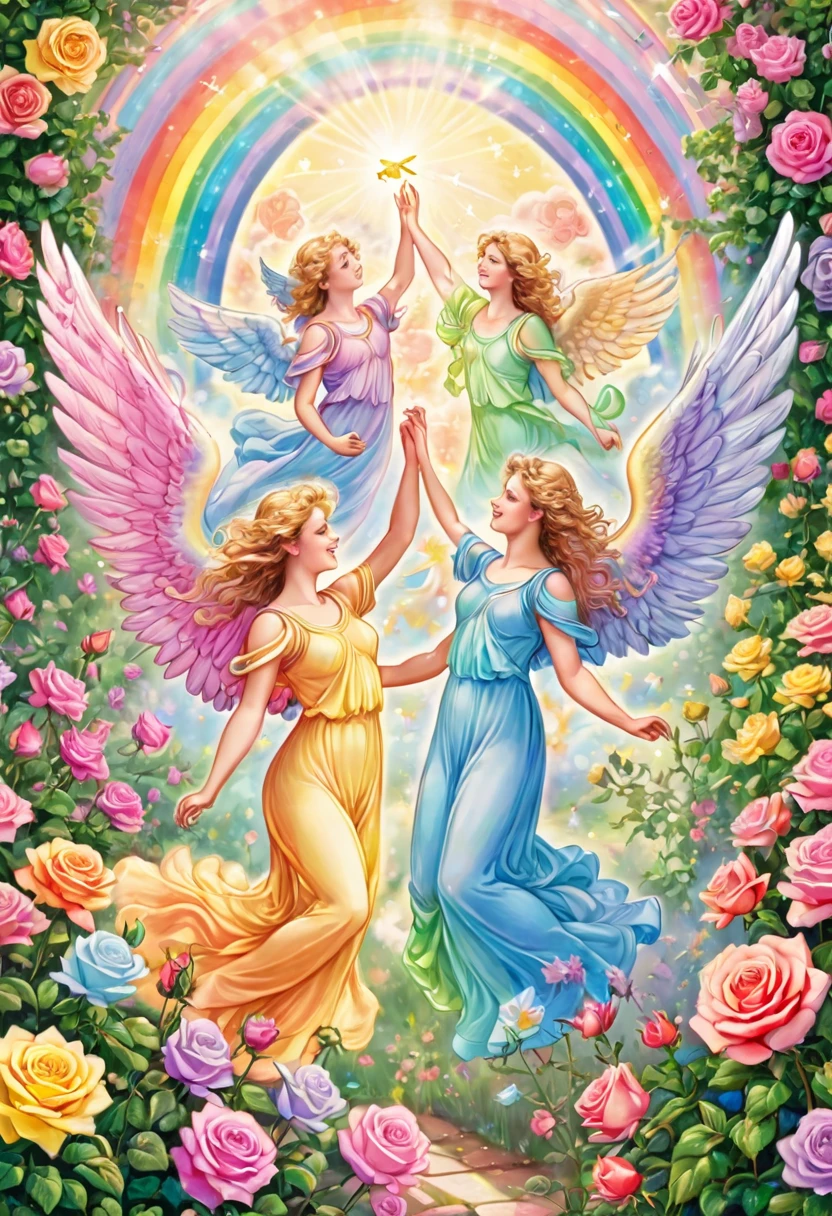 Pastel colored rainbow winged angels playing in the rose garden, fun, joy, shooting stars, Venus, Saturn, Earth