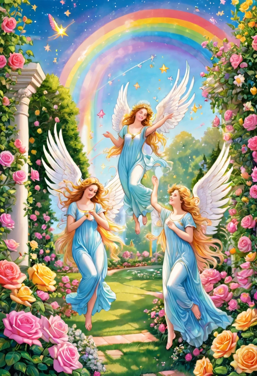 Pastel colored rainbow winged angels playing in the rose garden, fun, joy, shooting stars, Venus, Saturn, Earth