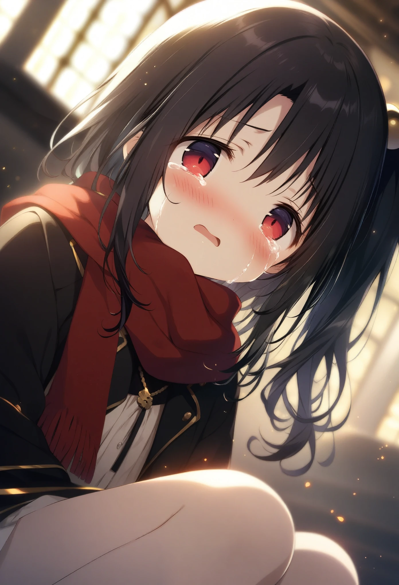 1girl shiratama \(shiratamaco\), official art, sitting, crying, tears streaming, black coat, red scarf, black hair, side_ponytail, red eyes, (very aesthetic, best quality, ultra detailed), intricate details, highres, indoors, light particles, close-up, blurry background,, low angle, cinematic angle, cowboy shot, emotional, delicate features