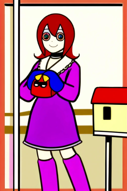 1 girl, アニメ_Coloring, blackw_eyeballs, blackw_mitts, maroon_body hair, choker, aretes, mitts, jewerly, mailbox, parody, 小柄_body hair, ssmile, standing alone, styled_parody,  